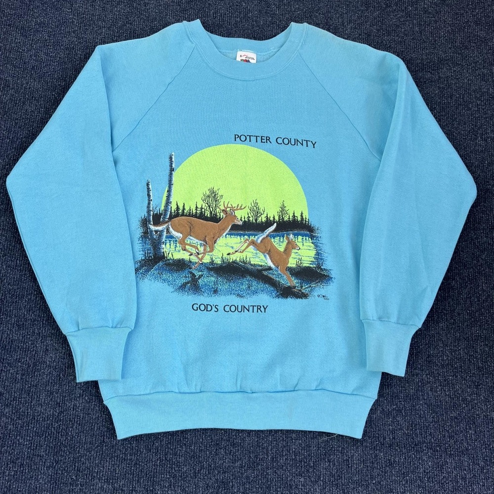 Vintage Potter County Sweatshirt Mens Small Blue Gods Country Deer 80s